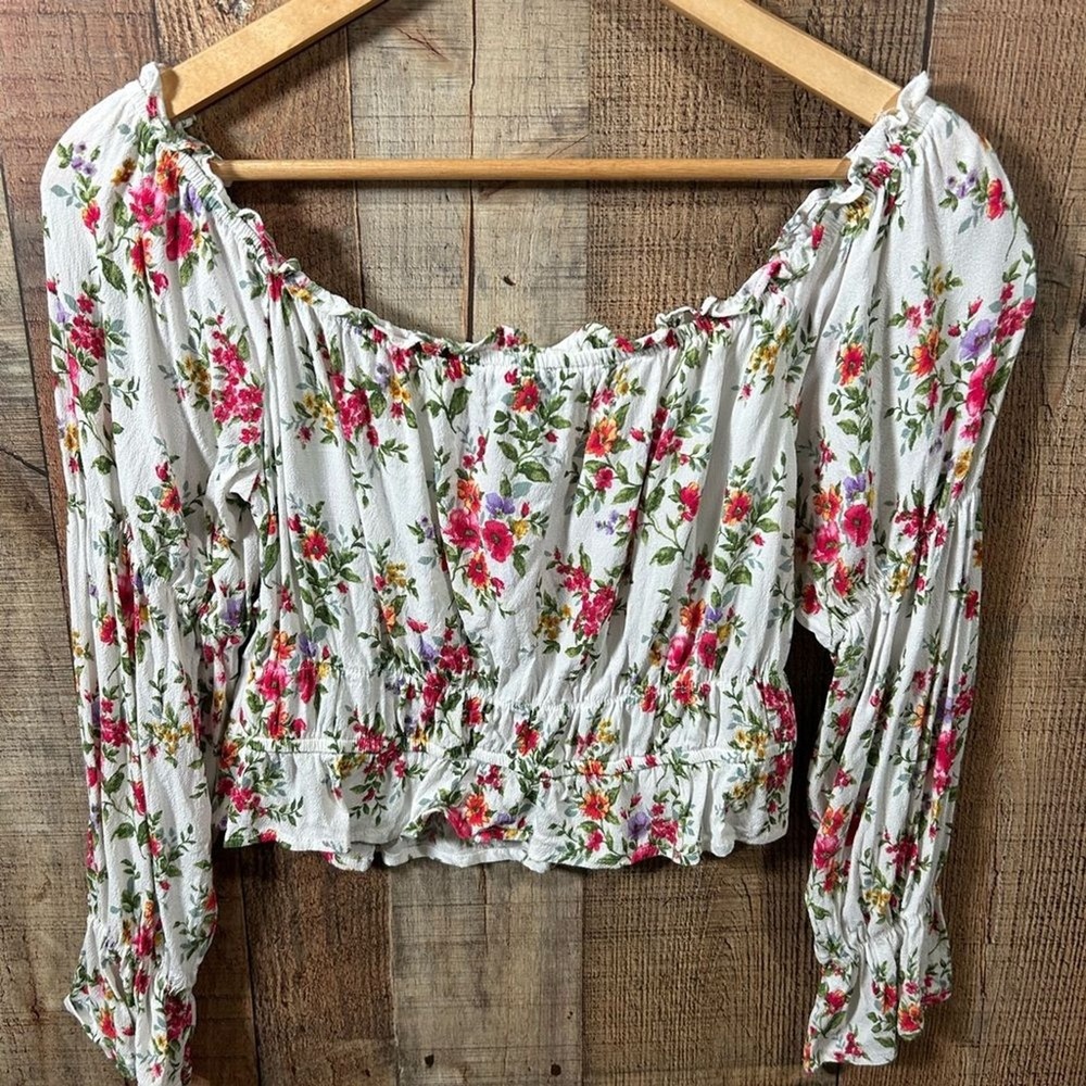 Floral Off Shoulder Peasant Top Cottagecore Boho Ruffle Hem Long Sleeve Large